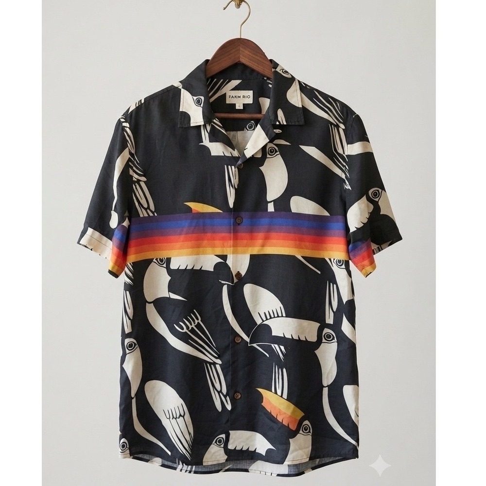 Farm Rio Toucan Rainbow Stripe Cotton Silk Blend Short Sleeve Button Up Shirt M